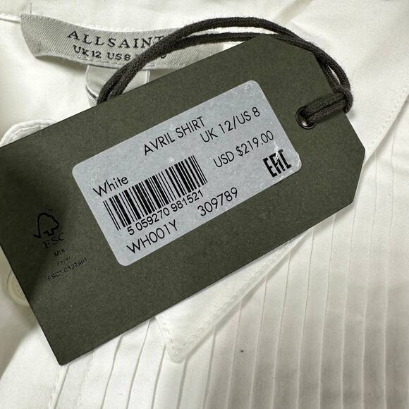 AllSaints NWT Avril Oversize Pintuck Pleat Cotton Shirt White Size 8 100% Cotton - Picture 6 of 10